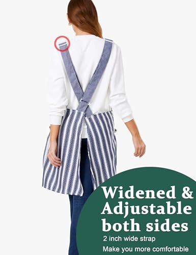 Cozy Adjustable Cross Back Aprons for Women with Pockets Cotton Linen Cooking Kitchen Baking Blue Stripes (Blue Stripes)