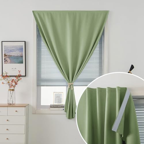 Magic Tape Blackout Curtains for Bedroom No Drillng Self Adhesive Curtains No Rod Small Window (59"W x 71"L (Pack of 2) / Sage Green)