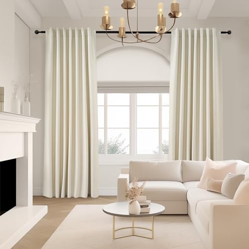 Cream Extra Long 120 Inch Blackout Curtains for Large Window Treatment Natural Farmhouse Thick Linen Texture Sound Proof Drapes Room Divider Pleat Ceiling Track Burg Bedroom 10Ft (Cream / 52"W x 120"L (Pack of 2))