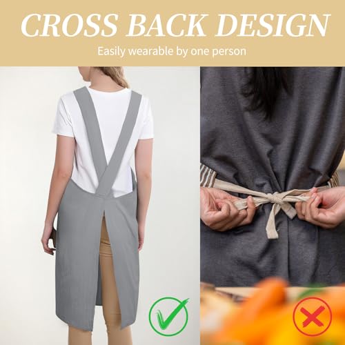 Japanese Style Apron with Pockets Linen Cotton Cross Back for Women Men Chef Kitchen Cooking Baking Pinafore Grey 1 pack (03-grey)