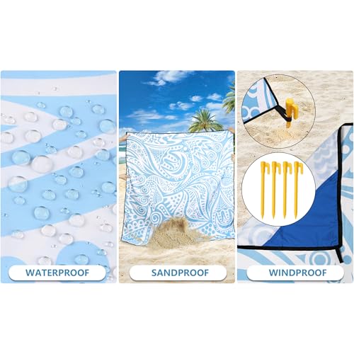 Waterproof Sandproof Beach Blanket Mat for 1 (79" X 83"（1~3 person） / Floral Water Ripple - Light Blue)
