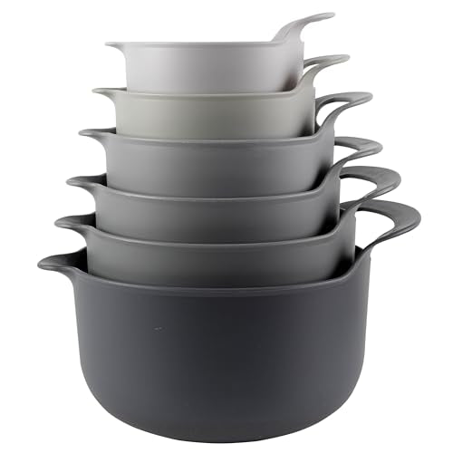 Nesting Plastic Mixing Bowl Set with Pour Spouts and Handles (Gray 6 Piece / 6 Piece Non-Slip)