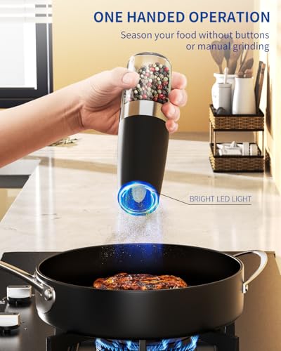 Gravity Electric Pepper Grinder Salt Grinder Pepper Griner Mill Electric with LED Light (Black-Unit 1-Battery)