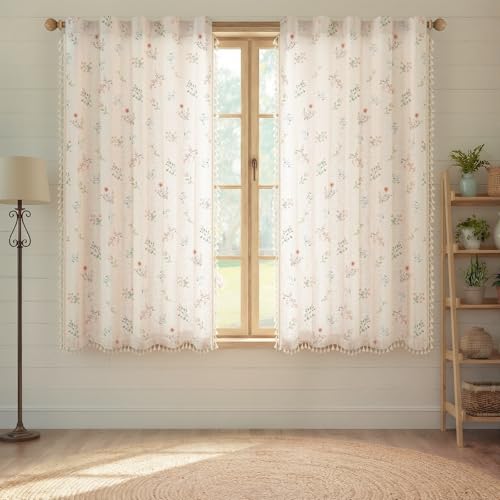 Boho Floral Light Filtering Curtains 63 Inch 2 Panels Linen Texture (Light Filtering Vintage Florals / 52"W x 63"L (Pack of 2))