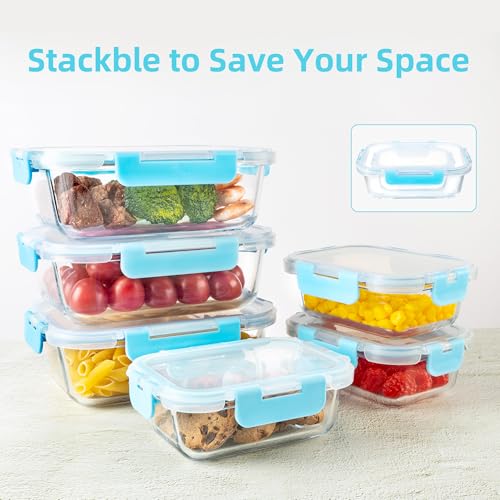 16Pack Glass Meal Prep Containers 8 Bowls with 8 Airtight Blue Lids 2 Sizes (blue)