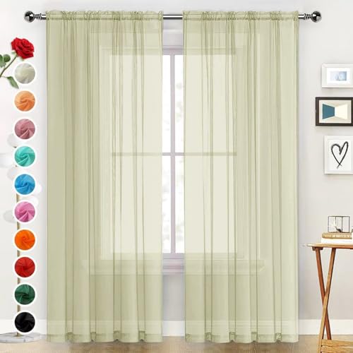 Basic Rod Pocket Sheer Voile Window Curtain Panels Sage Green 1 Pair 2 Panels 52 Width 54 Inch Long for Kitchen Bedroom Children Living Room Yard（Sage Green (Sage Green / 52"W x 54"L (Pack of 2))