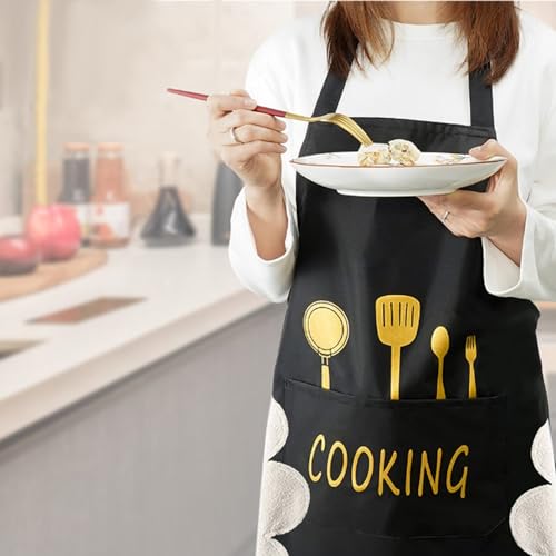 Women Kitchen Apron with Hand Wipe Pockets (Black)