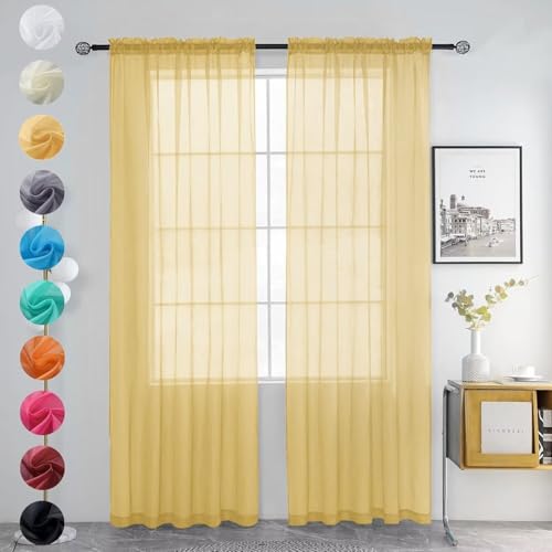 Solid Sheer Rod Pocket Curtain Voile Draperies 2 Panels White Beige Black Grey Ivory 52 Inch Width 108 Inch Long 1 Pair for Kitchen Bedroom Children Living Room Yard (Gold / 52"W x 108"L (Pack of 2))