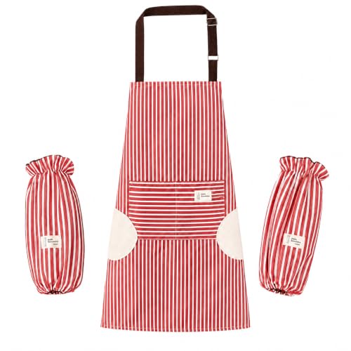 Waterproof Bib Apron Set with Sleeves (Red-striped)