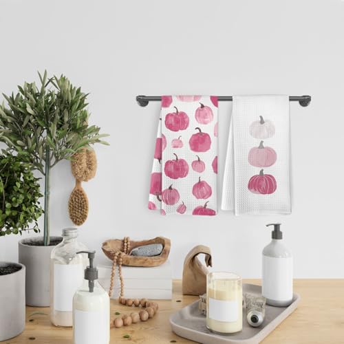 Pink Fall Pumpkin Decor Kitchen Towels and Dishcloths Set of 2 (Pink Pumpkins)
