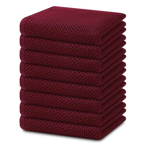 100% Cotton Waffle Weave Kitchen Dish Towels 8 (Burgundy / 13 X 28 - 8 Pack)