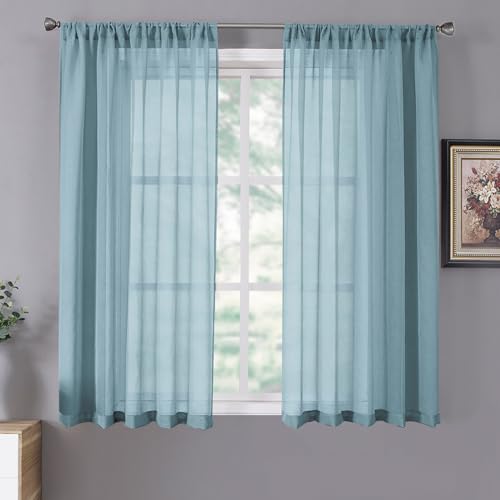 Short Sheer Curtains Linen Textured Living Room Curtain Sheers Light Filtering Rod Pocket Voile Curtains for Bedroom (42"W x 45"L (Pack of 2) / Dusty Blue)