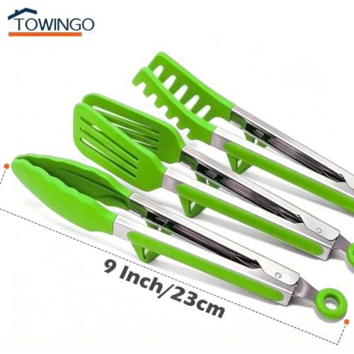 9" Kitchen Tongs for cooking with Silicone Tips (9 Inch / Light Green)