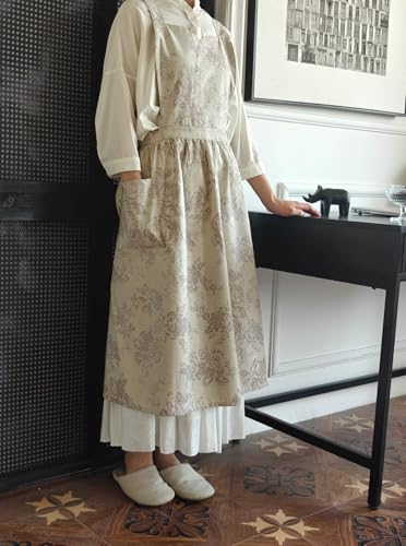 Japanese Cotton Linen Cross Back Work Apron for Women with Pockets Pinafore Dress Smock (05-zh)