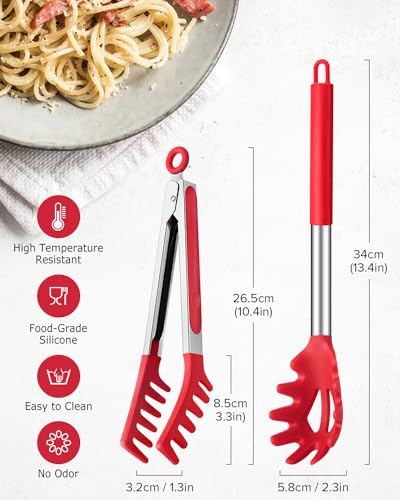 Silicone Spaghetti Spoon and Pasta Tong (Red)