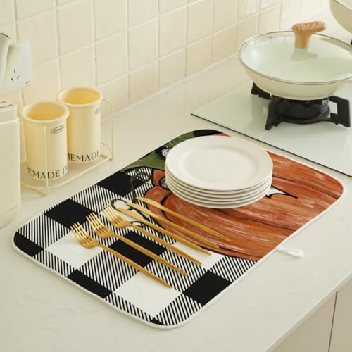 Fall Dish Drying Mat 18 x 24 Inch Thanksgiving Buffalo Plaid Pumpkin Drying Mat for Kitchen Counter Absorbent Farmhouse Autumn Orange Pumpkin Dishes Dry Pad for Drainer Rack Kitchen Fast Dry (Buffalo Plaid Pumpkin / 18" x 18")