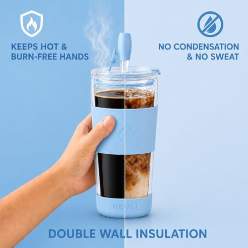 19 oz. Double Wall Glass Coffee Tumbler (Light Blue)