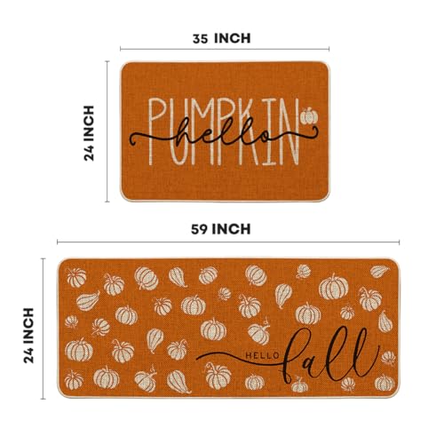 Orange Hello Pumpkin Fall Kitchen Mats Set of 2 (24" x 35" /24" x 59" / Orange)