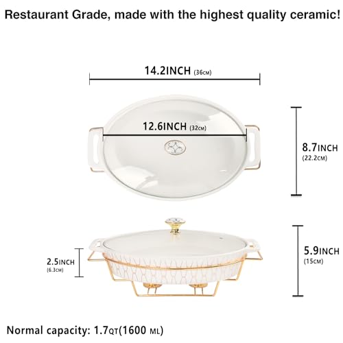 12" x 8" Ceramic Oval Casserole Dish with Glass Lid and rack (White with rack / 14.2 Inch(1.7 qt))
