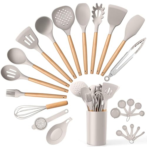 Cooking Utensils Set with Holder & Heat Resistant Wood Handle (25 / Khaki)