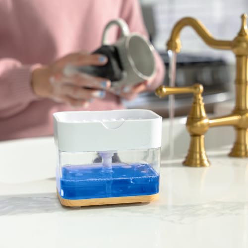 Dish Soap Dispenser and Sponge Holder (White and Bamboo)