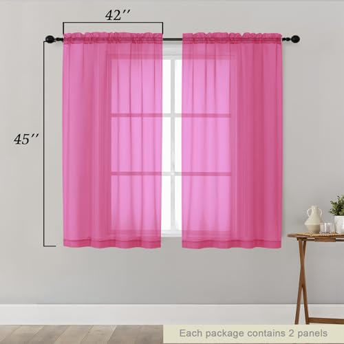 Hot Pink Sheer Curtains for Bedroom Living Room 45 Inch Length 2 Panels (Hot Pink / 42"W x 45"L (Pack of 2))
