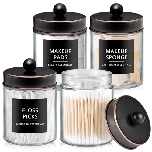4 Pack Glass Qtip Holder with ORB Stainless Steel Lids (4 pack / Oil Rubbed Bronze)