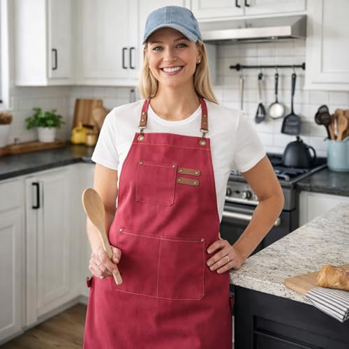 Chef Aprons for Men Canvas Apron with Large Pockets and Adjustable Neck Strap for Cooking (Hot Pink)
