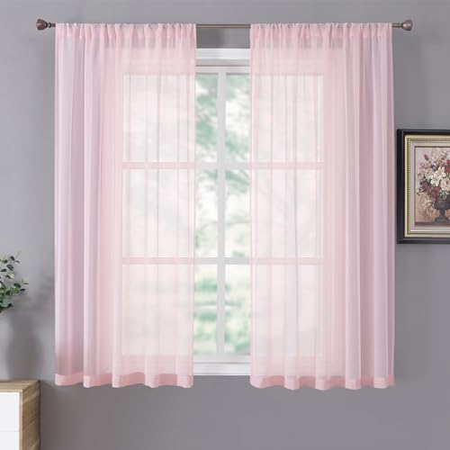 Short Sheer Curtains Linen Textured Living Room Curtain Sheers Light Filtering Rod Pocket Voile Curtains for Bedroom (42"W x 45"L (Pack of 2) / Pink)