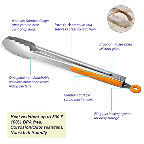304 Stainless Steel Locking Kitchen Tongs (9" & 9" & 12" & 12" / Orange)