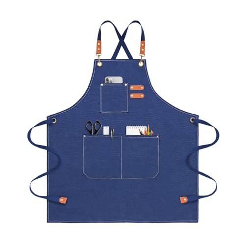 Chef Apron for Men Women Canvas Aprons with 3 Pockets Cross Back Resistant Work Apron for Cooking Grilling Baking BBQ Barber Kitchen (Dark Blue)
