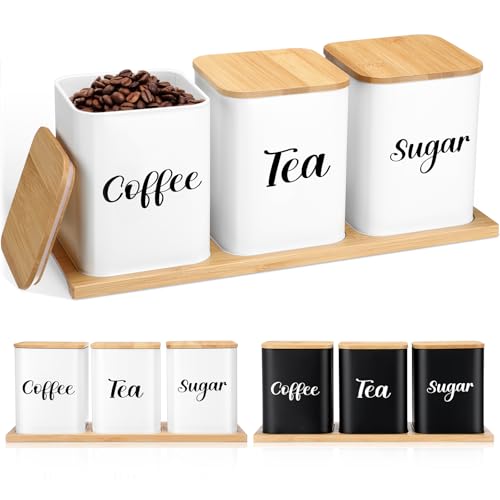 Coffee Tea Sugar Container with Tray Set of 3 Airtight Metal Canister with Bamboo Lid Tray for Kitchen Counter Dining Room Farm House Kitchen Style Drink Station Organizer Set (White)