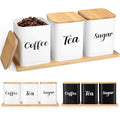 Coffee Tea Sugar Container with Tray Set of 3 Airtight Metal Canister with Bamboo Lid Tray for Kitchen Counter Dining Room Farm House Kitchen Style Drink Station Organizer Set (White)