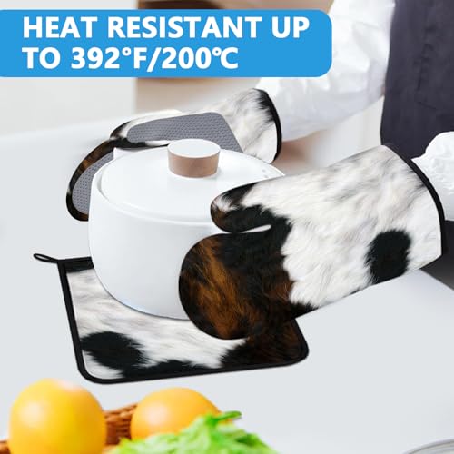 Brown Cowhide Oven Mitts and Pot Holders Sets Heat Resistant 4Pcs Potholders Oven Gloves Hot Pads for Kitchen Baking Cooking Grilling BBQ (Brown Cowhide)