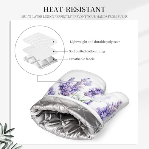 Oven Mitts and Pot Holders Lavender Watercolor Flower Floral Silicone Kitchen Accessories Set of 4 Heat Resistant Long Gloves Potholder Non (B01)