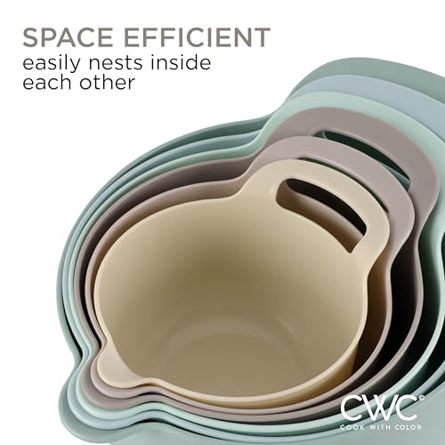 Nesting Plastic Mixing Bowl Set with Pour Spouts and Handles (Mint 6 Piece / 6 Piece Non-Slip)