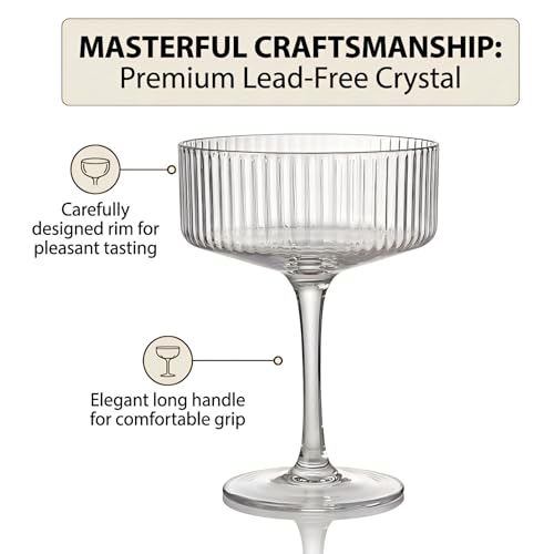 4 Piece Coupe Glasses for Bars Parties (10OZ-Ribbed Coupe Glasses)