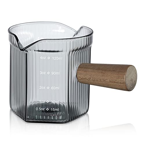4 oz Grey Double Spouts Measuring Triple Pitcher Milk Cup with Wood Handle (4 Oz Double Spouts Smoke Grey Colored Measuring)