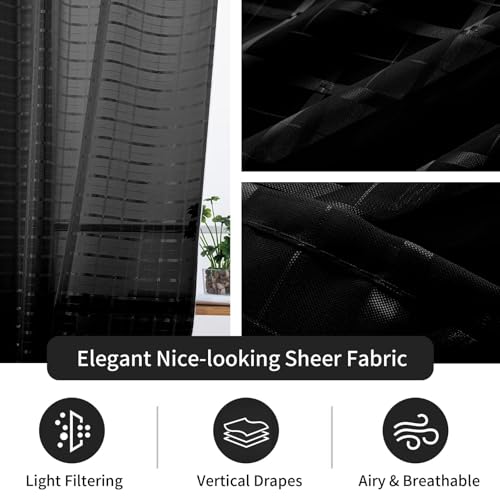 Check Sheer Curtains 96 Inches Long for Living Room (Check - Black / 52"W x 96"L (Pack of 2))
