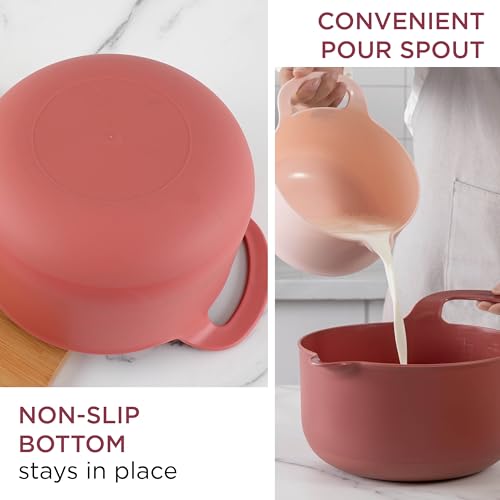 Nesting Plastic Mixing Bowl Set with Pour Spouts and Handles (Rose / 6 Piece Non-Slip)
