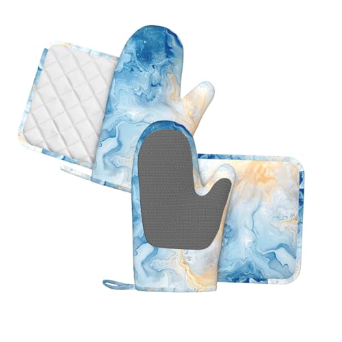 Oven Mitts and Pot Holders Blue Marble Pastel Silicone Kitchen Accessories Set of 4 Heat Resistant Long Gloves Potholder Non (A063212)