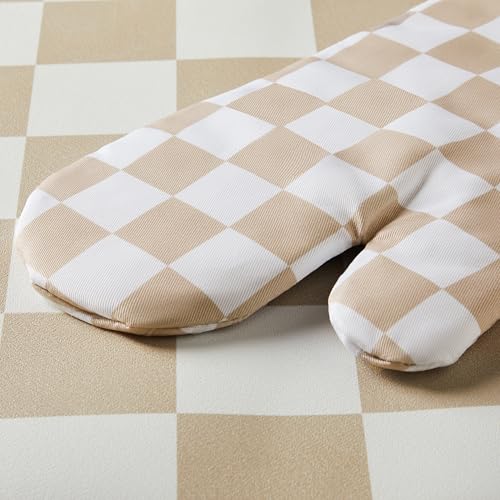 Beige Checkered Oven Mitts Heat Resistant (Beige)