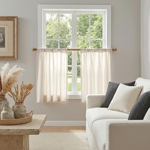 Natural Linen Curtains 30 Inches Long for Kitchen Window Semi Sheer Light Filtering Cafe Curtain Tiers Rod Pocket Short Country Decor Drapes for Basement (34"W x 30"L (Pack of 2) / Natural Linen)