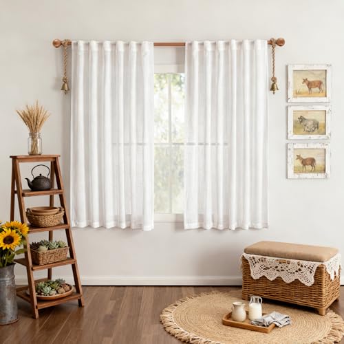 Short White Sheer Curtains for Kitchen Small Windows 45 inches Length (50"W x 45"L (Pack of 2) / Pure White)
