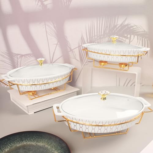 10" x 7" Ceramic Oval Casserole Dish with Glass Lid and Gold rack (White with rack / 10" x 7")