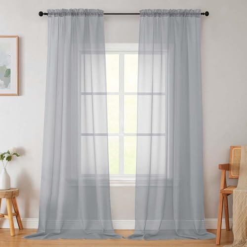 Light Grey Sheer Curtains for Bedroom Living Room 96 Inches Long 2 Panels (Light Grey / 42"W x 96"L (Pack of 2))