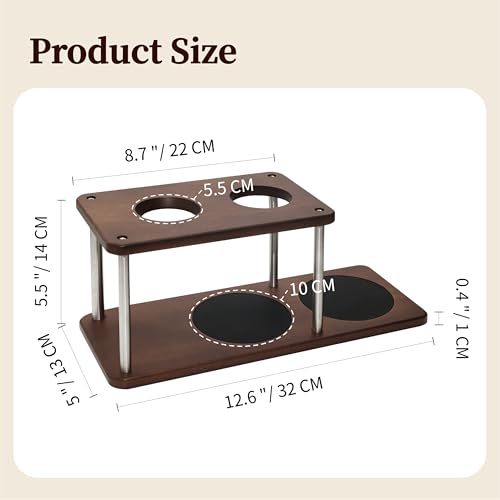 Pour Over Coffee Station Solid Sapele Wood & Stainless Steel Dual Dripper Stand Coffee Organizer (Dark Wood)