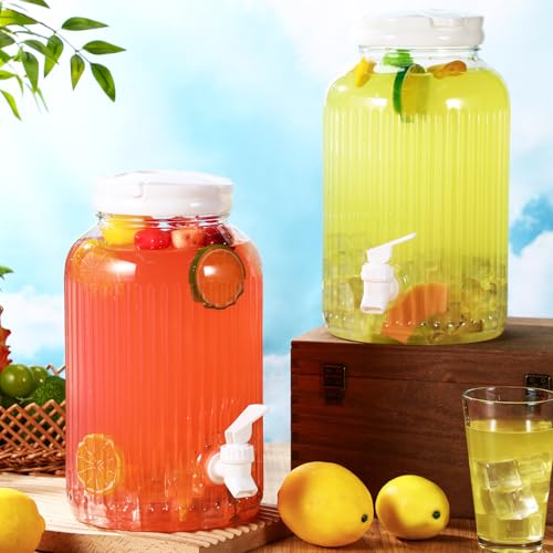 2 Pieces 1 Gallon Plastic Beverage Dispenser with Spigot Striped Clear Large Drink Beverage Dispenser Summer Fridge Water Container with Tap for Party Iced Tea (White)
