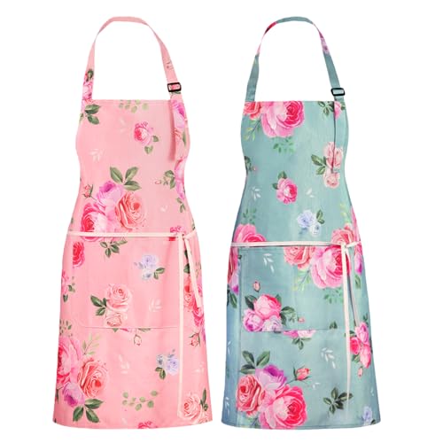 Floral Apron for Women with Pockets Cotton Canvas Waterproof Apron Cooking Baking Painting Gift (Red and Green)