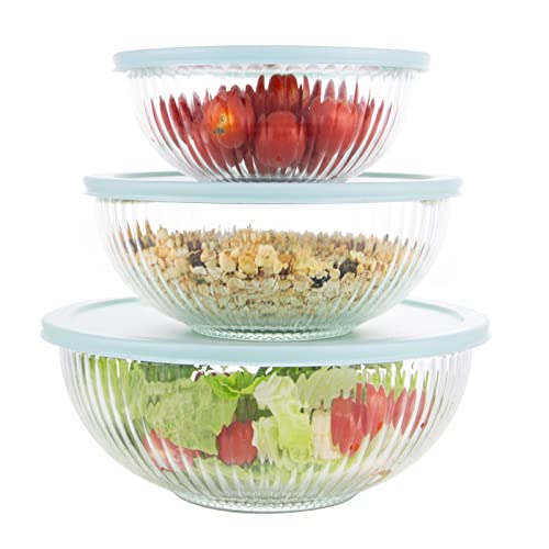 Glass Mixing Bowls with Lids Set of 3 (3 Mixing Bowls with Lids (1.1-3.7QT) - Vertical Stripe)